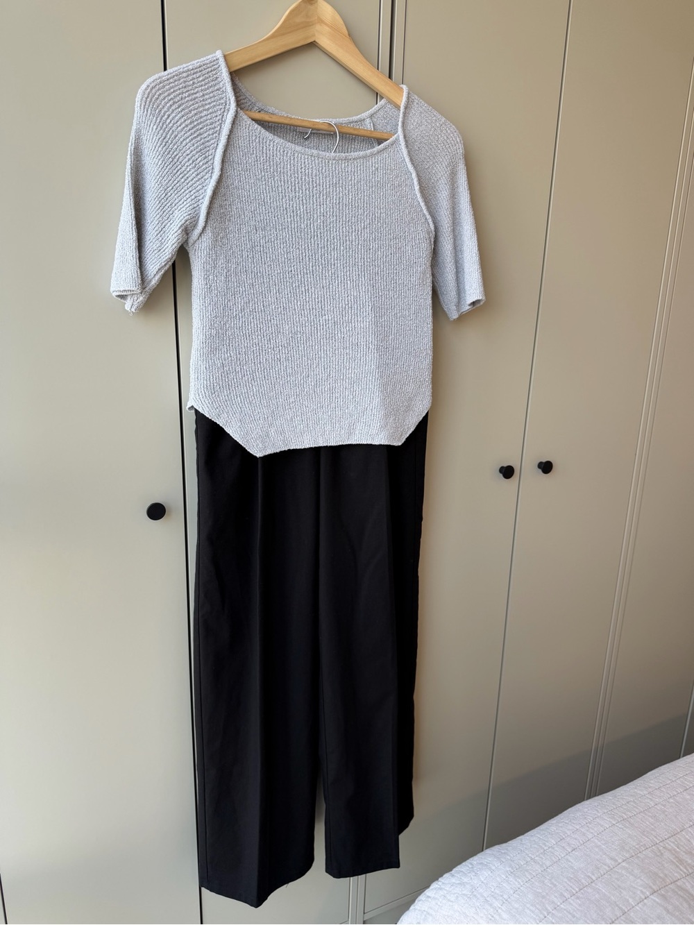 Light Grey Knit Top & Black Wide-Leg Pant Set